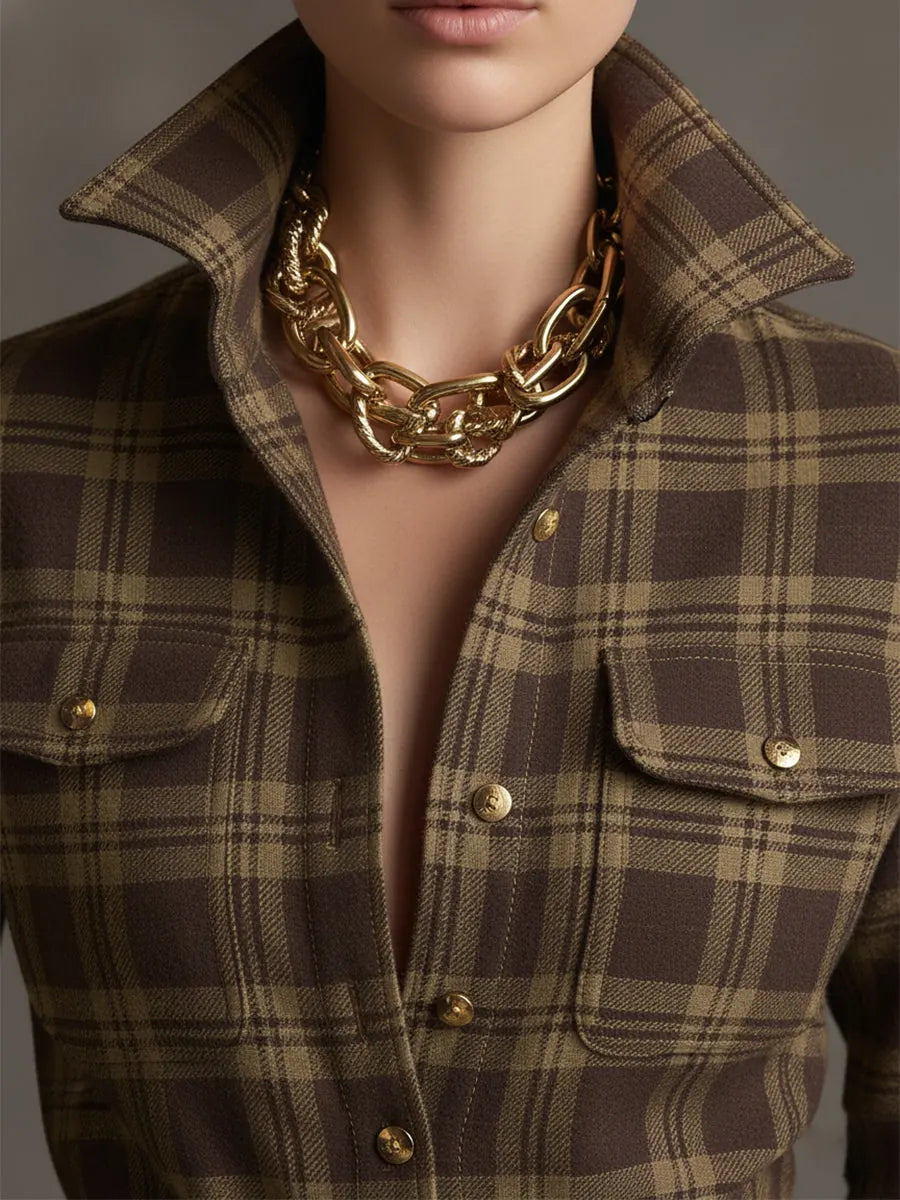 Women's Plaid Maxi Dress with Lapel Collar & Belted Waist - Close Up Neckline