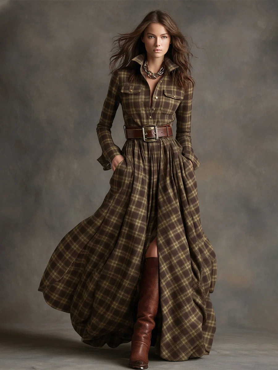 Women's Plaid Maxi Dress with Lapel Collar & Belted Waist - Front Full Pose