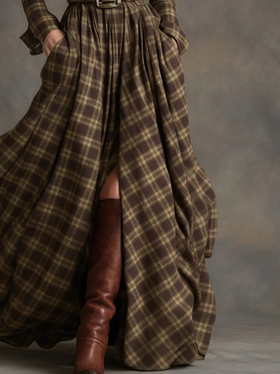 Women's Plaid Maxi Dress with Lapel Collar & Belted Waist - Hem Slit Detail