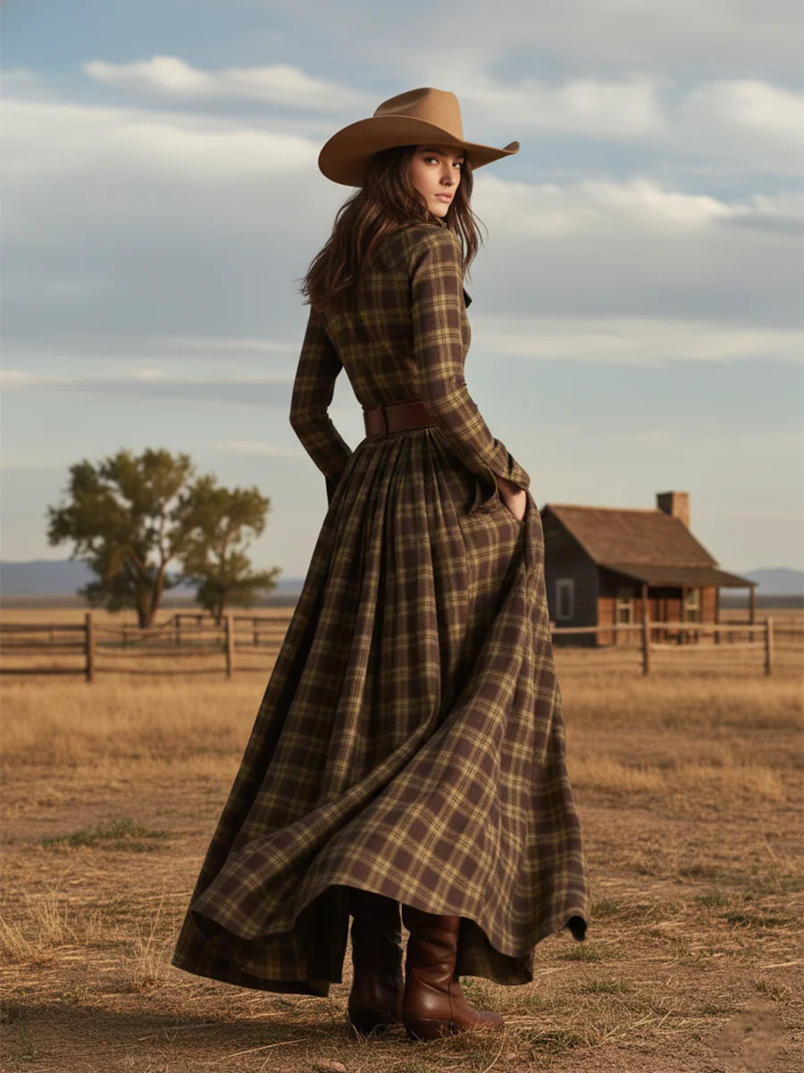 Women's Plaid Maxi Dress with Lapel Collar & Belted Waist - Outdoor Lifestyle