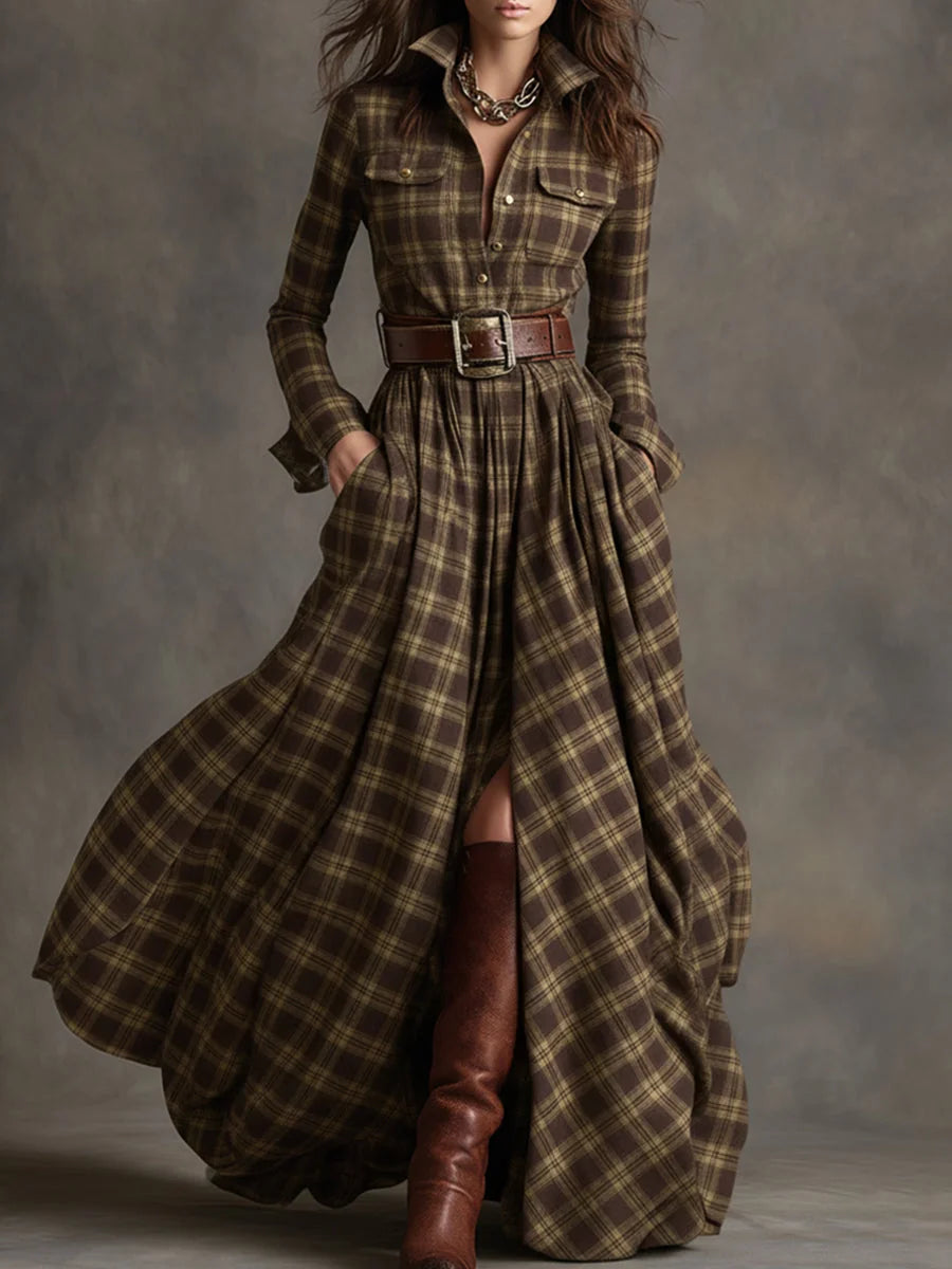 Brown Women's Plaid Maxi Dress with Lapel Collar & Belted Waist