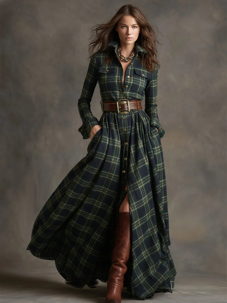 Women's Plaid Maxi Dress with Lapel Collar & Belted Waist - Front Full Pose