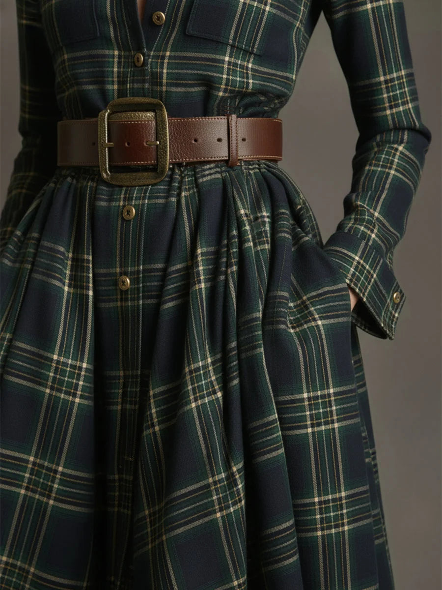 Women's Plaid Maxi Dress with Lapel Collar & Belted Waist - Waist Belt Detail