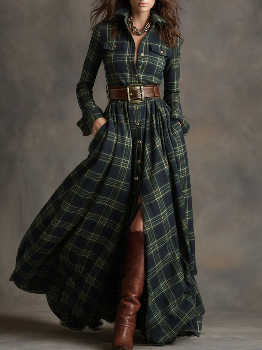 Green Women's Plaid Maxi Dress with Lapel Collar & Belted Waist