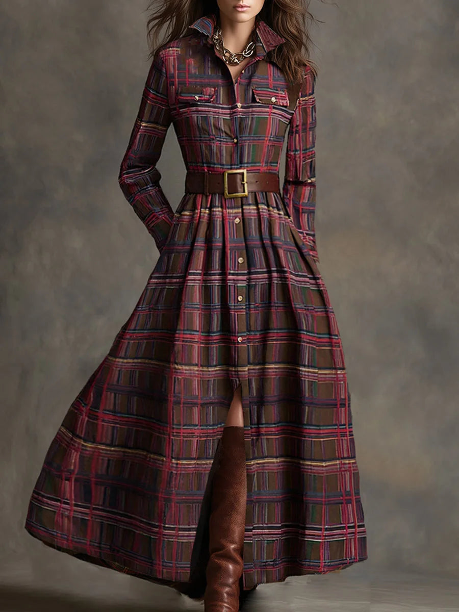 Reddish Brown Women's Plaid Maxi Dress with Lapel Collar & Belted Waist