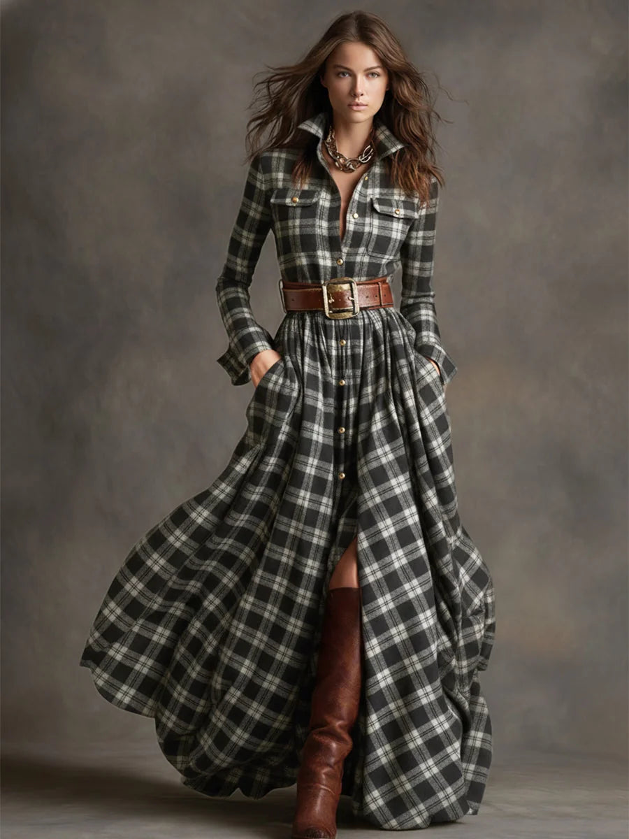 Women's Plaid Maxi Dress with Lapel Collar & Belted Waist