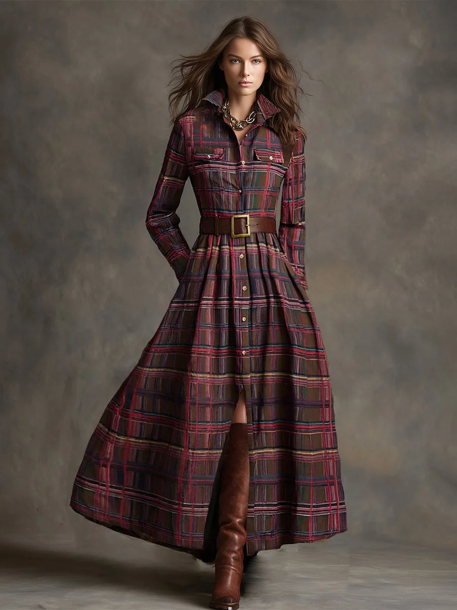Women's Plaid Maxi Dress with Lapel Collar & Belted Waist