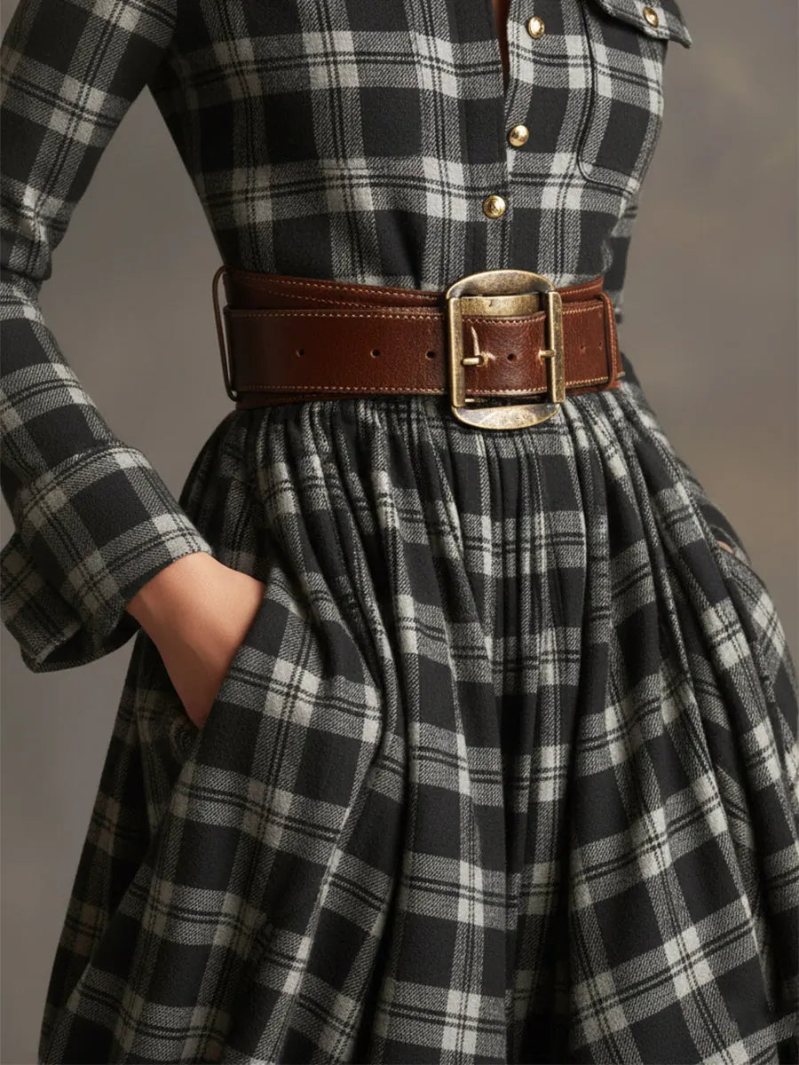 Women's Plaid Maxi Dress with Lapel Collar & Belted Waist
