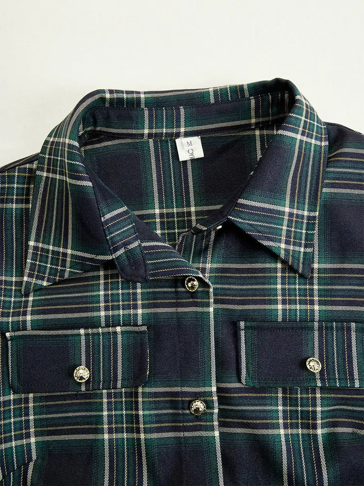 Women's Plaid Maxi Dress with Lapel Collar & Belted Waist