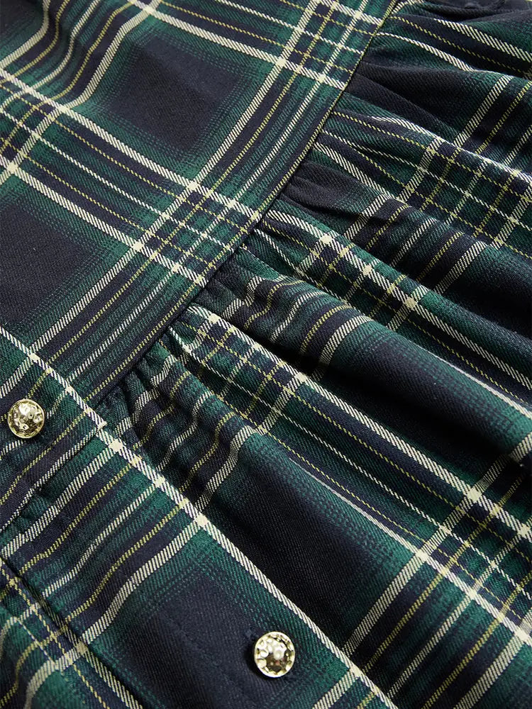 Women's Plaid Maxi Dress with Lapel Collar & Belted Waist