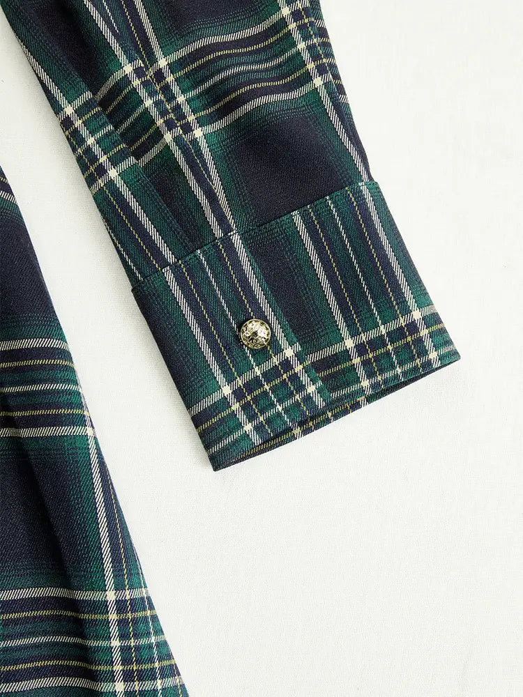 Women's Plaid Maxi Dress with Lapel Collar & Belted Waist