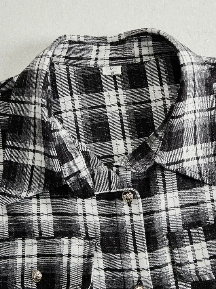 Women's Plaid Maxi Dress with Lapel Collar & Belted Waist