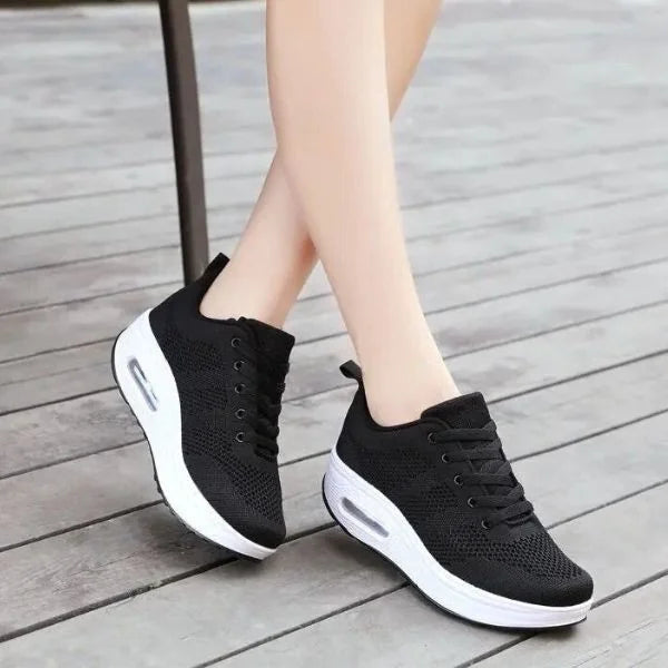 Black Women's Mesh Sneakers with Lace-Up Closure & Air Cushion Sole - Crossed Legs
