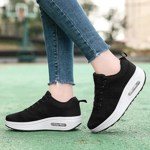 Women's Mesh Sneakers with Lace-Up Closure & Air Cushion Sole - Jump Pose