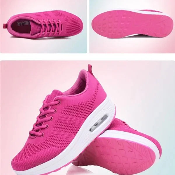 Fuchsia Pink Women's Mesh Sneakers with Lace-Up Closure & Air Cushion Sole - Flat Lay Collage