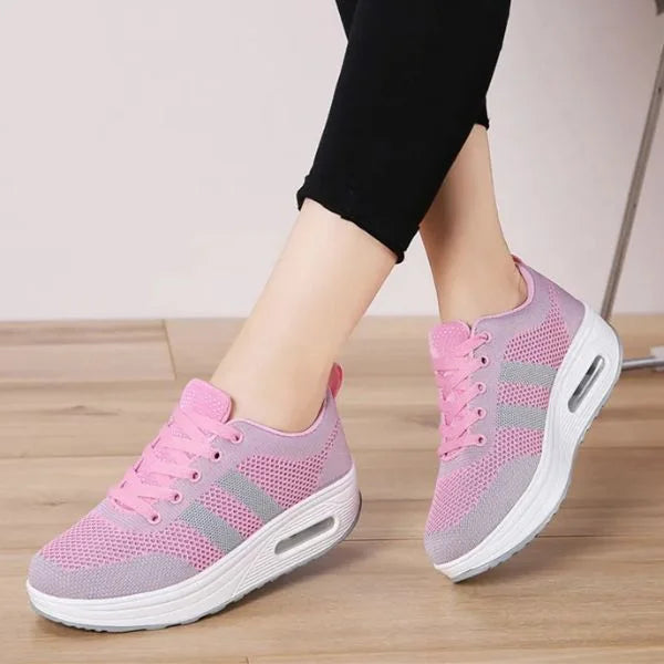 Women's Mesh Sneakers with Lace-Up Closure & Air Cushion Sole - Side Walking