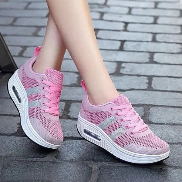 Pink Women's Mesh Sneakers with Lace-Up Closure & Air Cushion Sole - Walking Pose