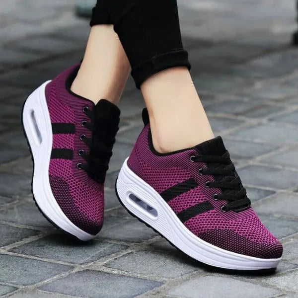 Women's Mesh Sneakers with Lace-Up Closure & Air Cushion Sole - Side Pose