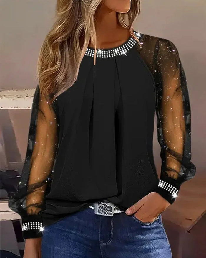 Black Women's Sequin Top with Sheer Mesh Sleeves & Rhinestone Trim — Melissa - Indoor Front Pose