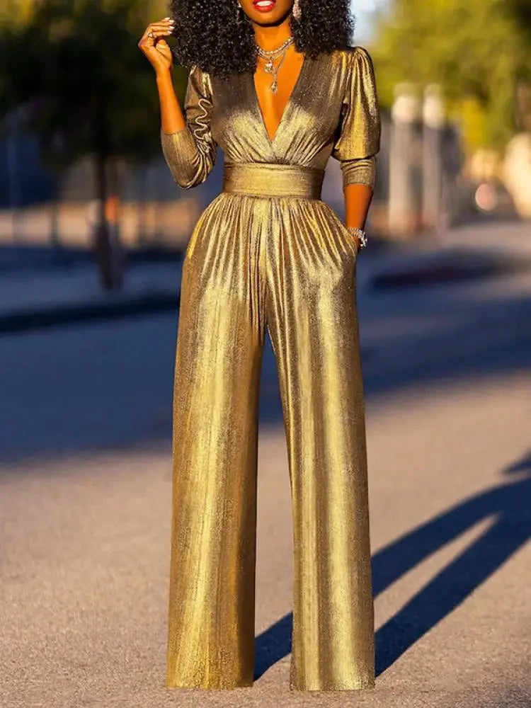Gold Women's Metallic Jumpsuit with V-Neck & Relaxed Wide-Leg Fit — Marigold - Front Full Street
