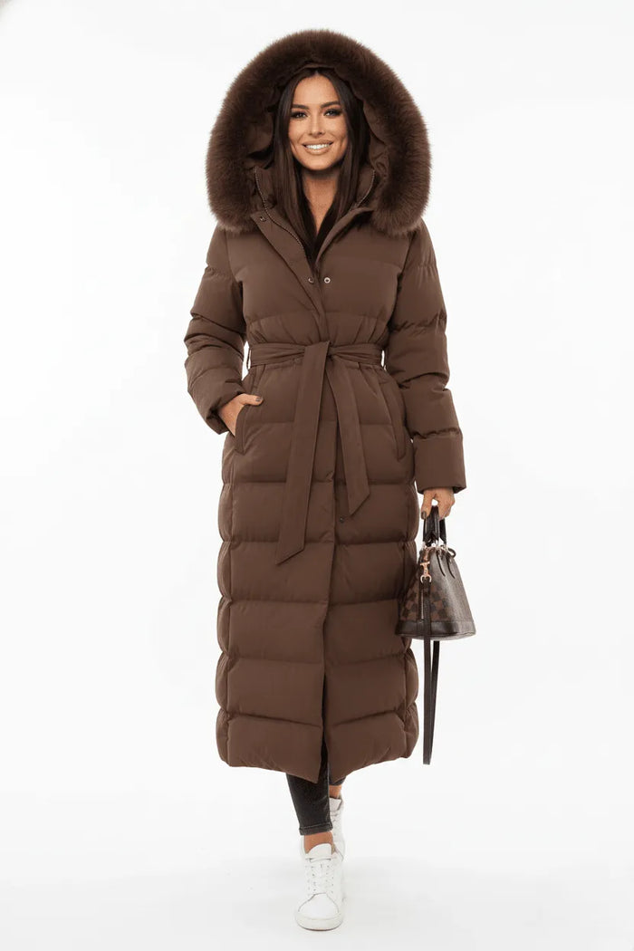Brown Women's Quilted Faux Fur Coat with Hooded Collar & Belted Waist