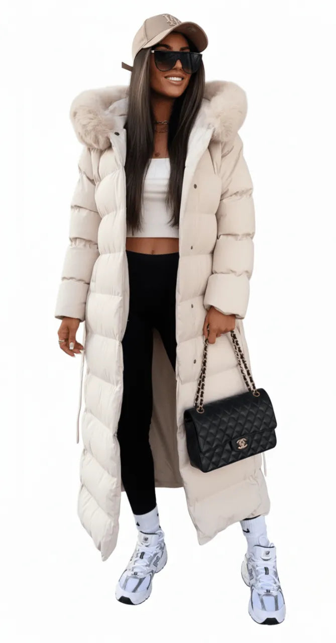 White Women's Quilted Faux Fur Coat with Hooded Collar & Belted Waist