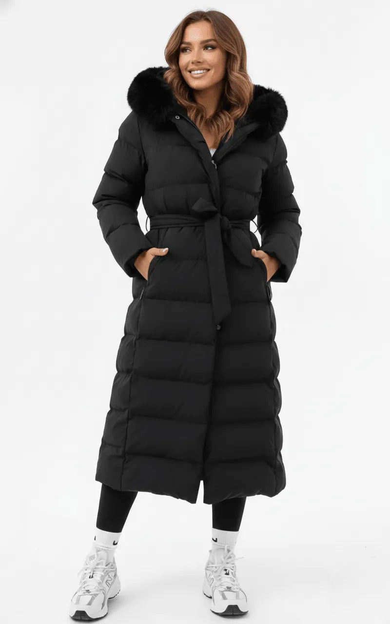 Black Women's Quilted Faux Fur Coat with Hooded Collar & Belted Waist