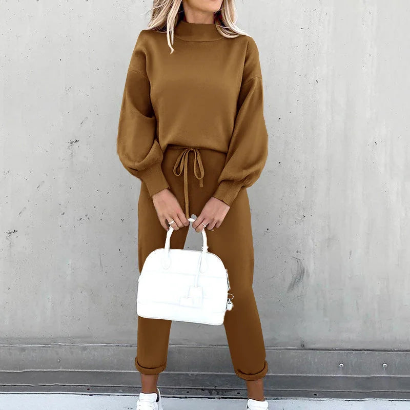 Brown Women's Mock Neck Knit Lounge Set with Tapered Joggers & Drawstring Waist