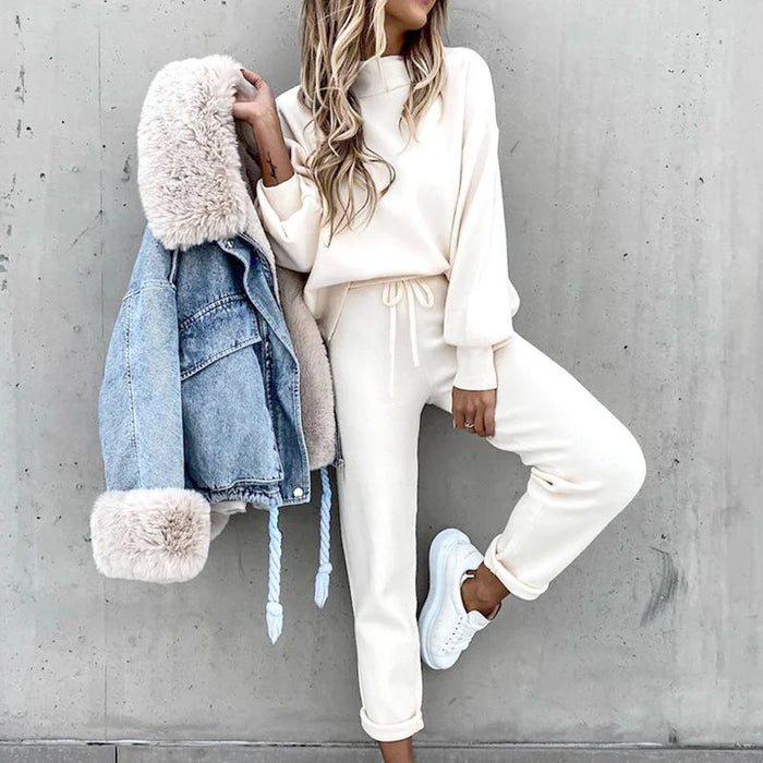 White Women's Mock Neck Knit Lounge Set with Tapered Joggers & Drawstring Waist - Front Full With Jacket