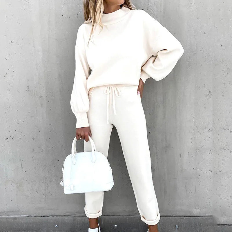 White Women's Mock Neck Knit Lounge Set with Tapered Joggers & Drawstring Waist