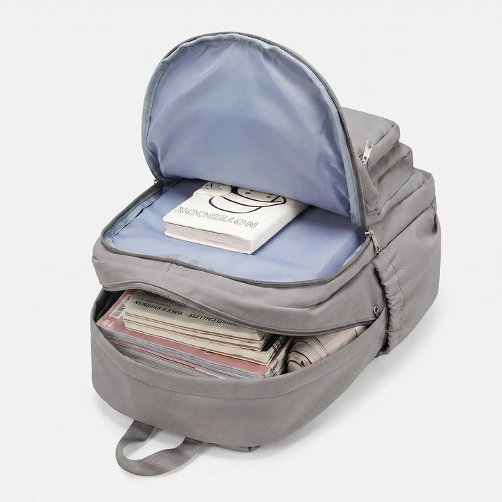 Grey Everyday Multi Pocket Backpack with Adjustable Straps & Side Pockets — Eilidh - Brown Interior Detail