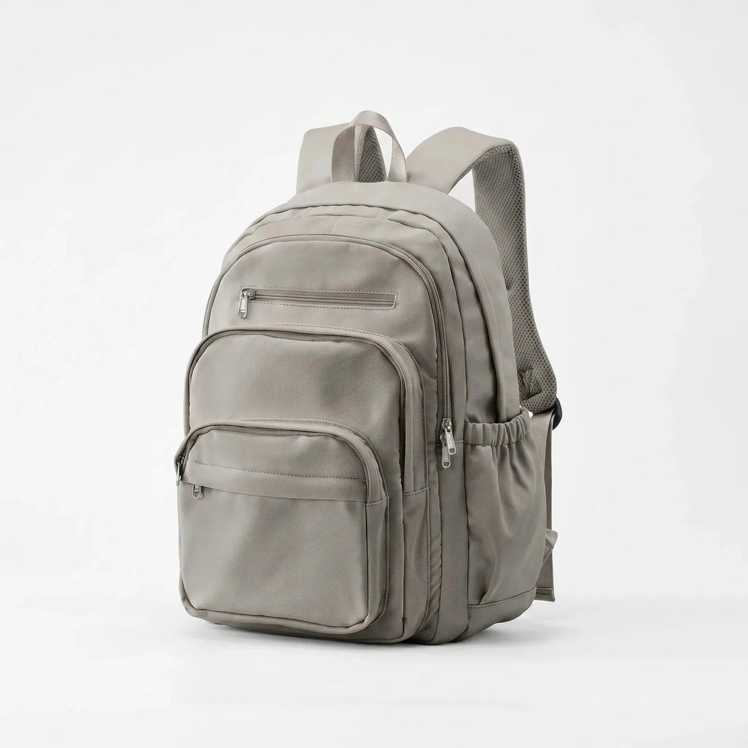 Grey Everyday Multi Pocket Backpack with Adjustable Straps & Side Pockets — Eilidh - Brown Side Angle View