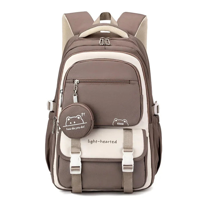 Khaki Women's Multi-Pocket School Backpack with Buckle Straps & Bear Charm