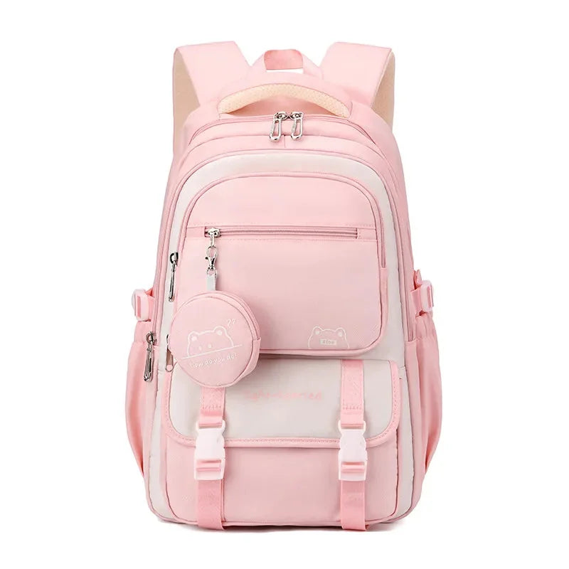 Pink Women's School Backpack with Buckle Flap & Adjustable Straps - Front Full