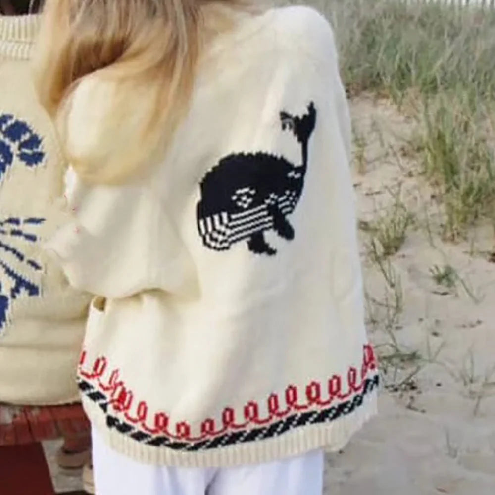 Women's Nautical Knit Cardigan with Button-Front Closure & Oversized Fit - Back Detail Whale
