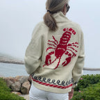Women's Nautical Knit Cardigan with Button-Front Closure & Oversized Fit - Lobster