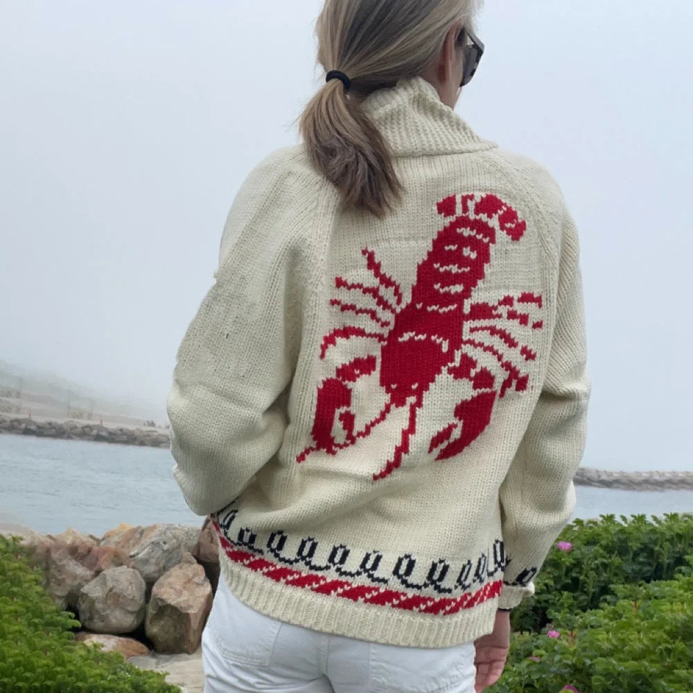 Women's Nautical Knit Cardigan with Button-Front Closure & Oversized Fit - Lobster