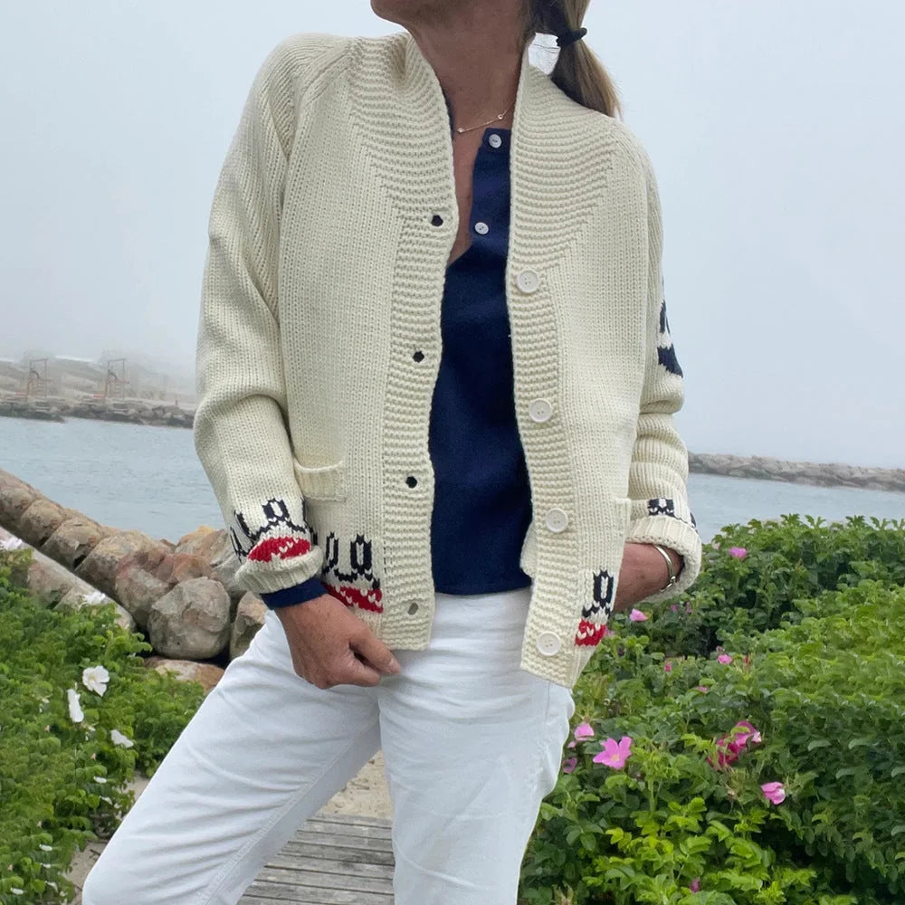 Beige (Lobster) Women's Nautical Knit Cardigan with Button-Front Closure & Oversized Fit - Outdoor Lifestyle Front
