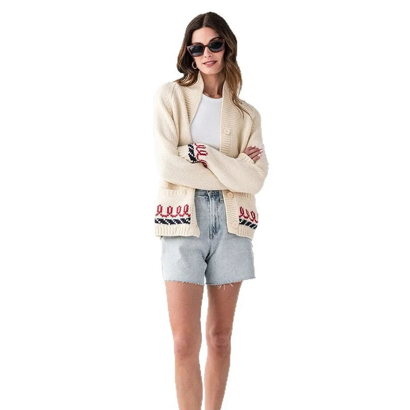 Women's Nautical Knit Cardigan with Button-Front Closure & Oversized Fit - Studio Front Full