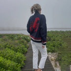 Women's Nautical Knit Cardigan with Button-Front Closure & Oversized Fit - Back Detail Lobster