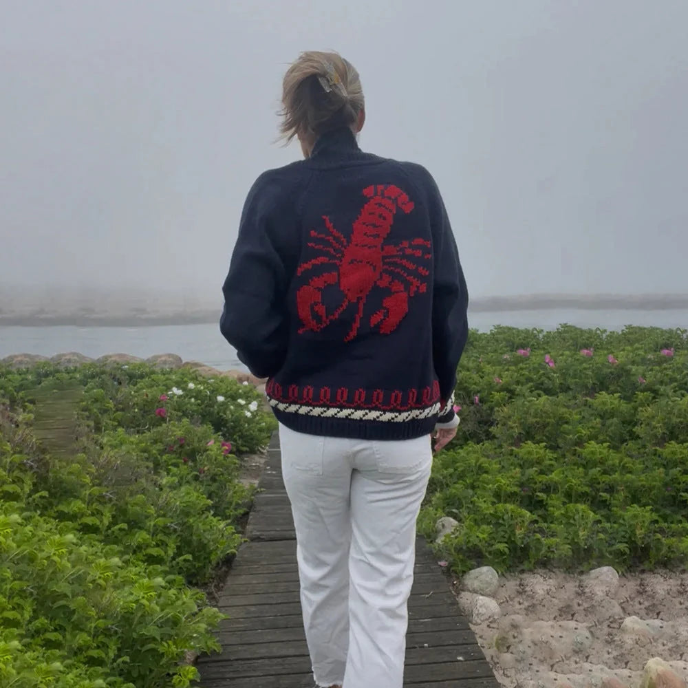 Black (Lobster) Women's Nautical Knit Cardigan with Button-Front Closure & Oversized Fit - Lobster