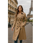 Women's Belted Double-Breasted Trench Coat with Notched Lapel & Twill Finish