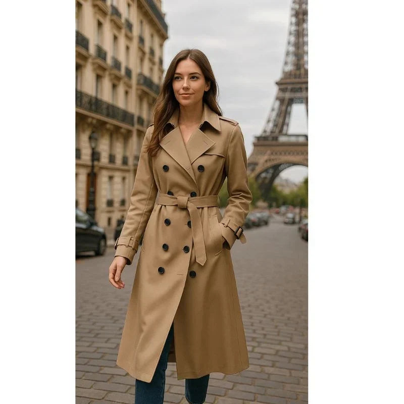 Women's Belted Double-Breasted Trench Coat with Notched Lapel & Twill Finish