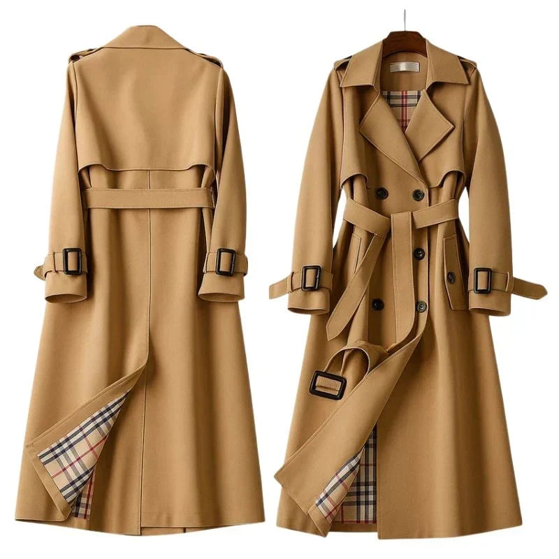 Women's Belted Double-Breasted Trench Coat with Notched Lapel & Twill Finish