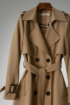Women's Belted Double-Breasted Trench Coat with Notched Lapel & Twill Finish