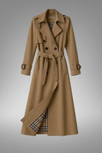 Beige Women's Belted Double-Breasted Trench Coat with Notched Lapel & Twill Finish