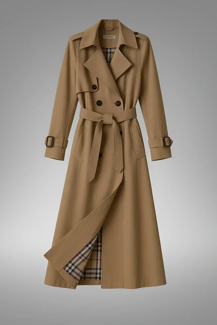 Beige Women's Belted Double-Breasted Trench Coat with Notched Lapel & Twill Finish