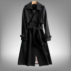 Black Women's Belted Double-Breasted Trench Coat with Notched Lapel & Twill Finish