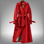 Red Women's Belted Double-Breasted Trench Coat with Notched Lapel & Twill Finish