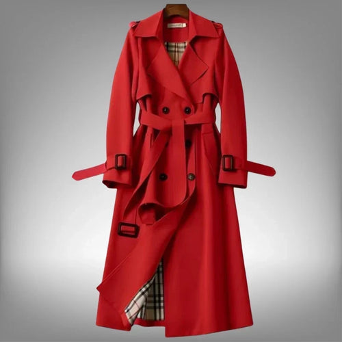 Red Women's Belted Double-Breasted Trench Coat with Notched Lapel & Twill Finish